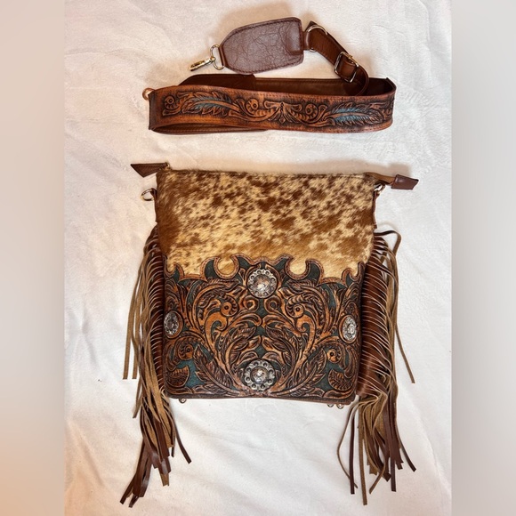 Rafaella Brown and Tan Leather Fringe Bag (H) - Picture 6 of 10